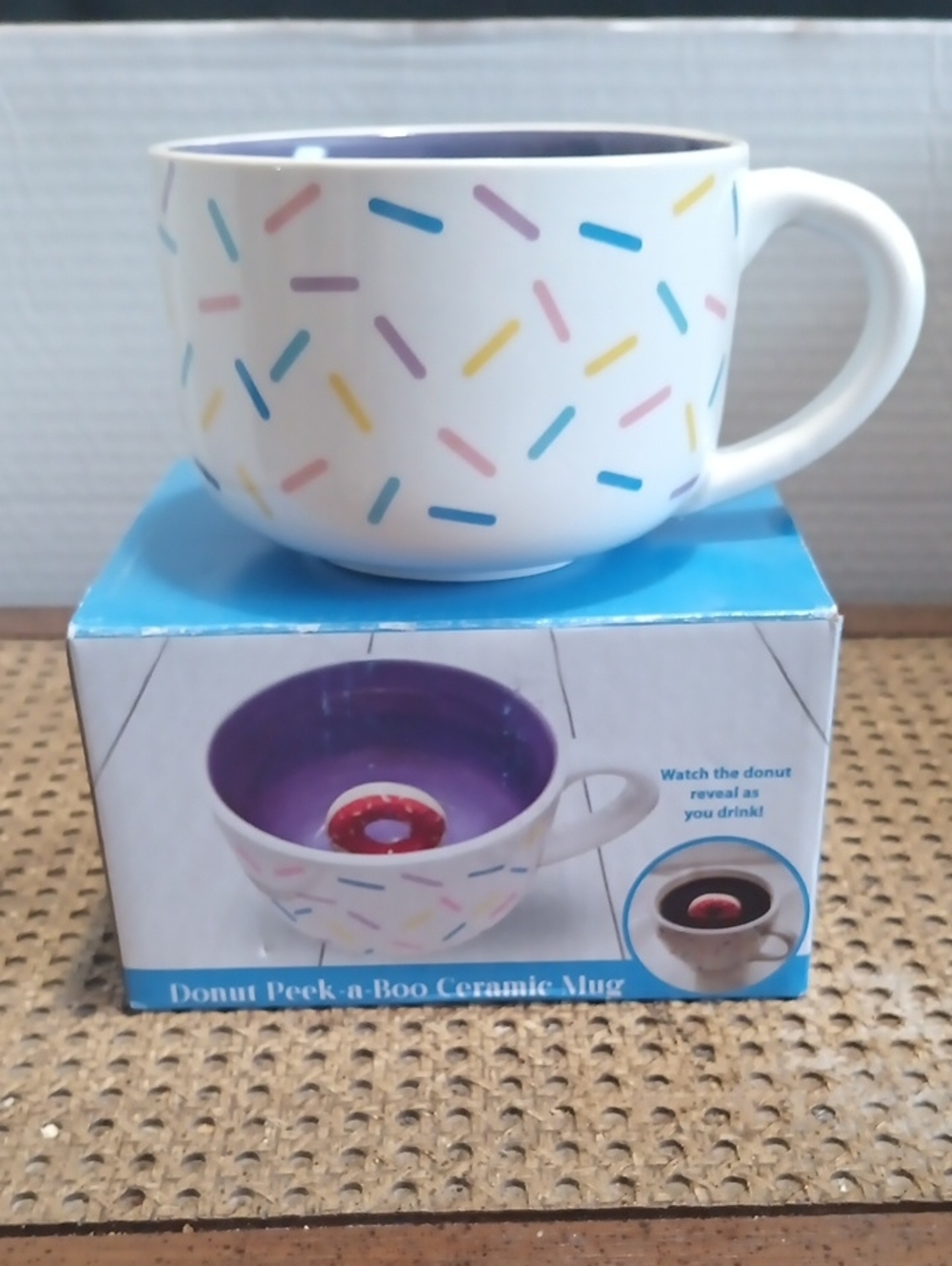 Donut Peek-a-Boo Ceramic Mug – White with Multicolor Sprinkles